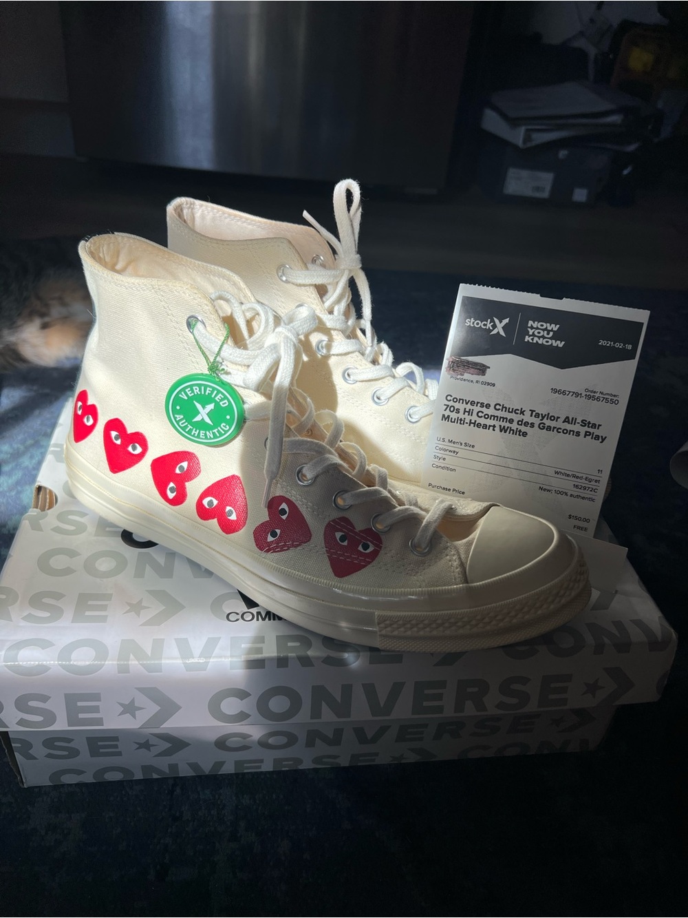 Comme des Garcons x Converse Cream High-Top Sneakers with Red Heart Motifs
